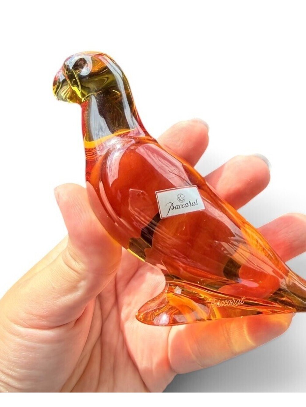 Baccarat Amber Crystal Parrot Bird  Paperweight 4” Tall